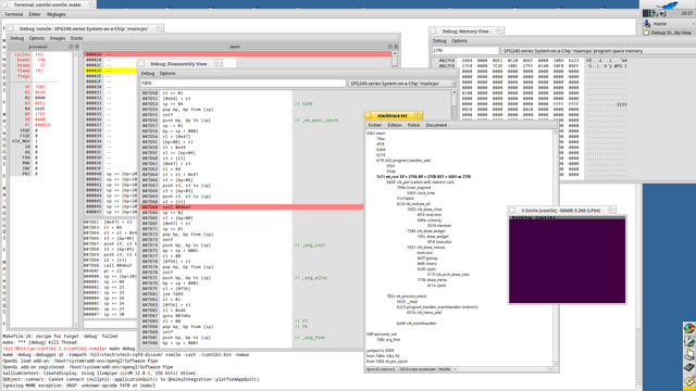 Debugging session, running MAME on Haiku trying to get Contiki to run on the VTech V.Smile.

The emulated software is running in a small window currently showing a menubar with two items, "Desktop" and "Contiki". The rest of my display is covered by several terminal, MAME debugger showing disassemblies and hex dumps, and a text file with notes about the backtrace and addresses