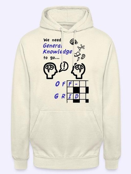 T-shirt design:  Off-Grid podcast logo, with “We need General Knowledge to go Off-Grid”