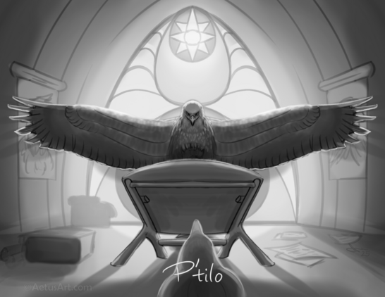 A black and white sketch of a white-tailed sea eagle with wings spread in front of an ornate stained glass window in the background with light streaming through his feathers. A gull stands in the shadows of the foreground, dwarfed by the eagle and his scribing desk.
