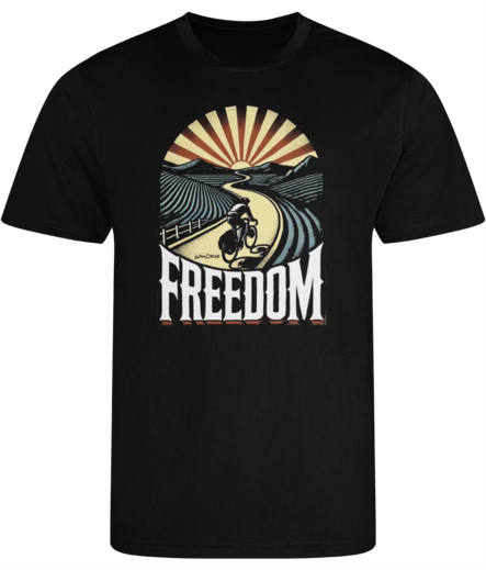 A black T-shirt. On the chest, it reads in large letters, Freedom, and above that, there's an image of a touring cyclist riding along a winding road towards the rising sun.