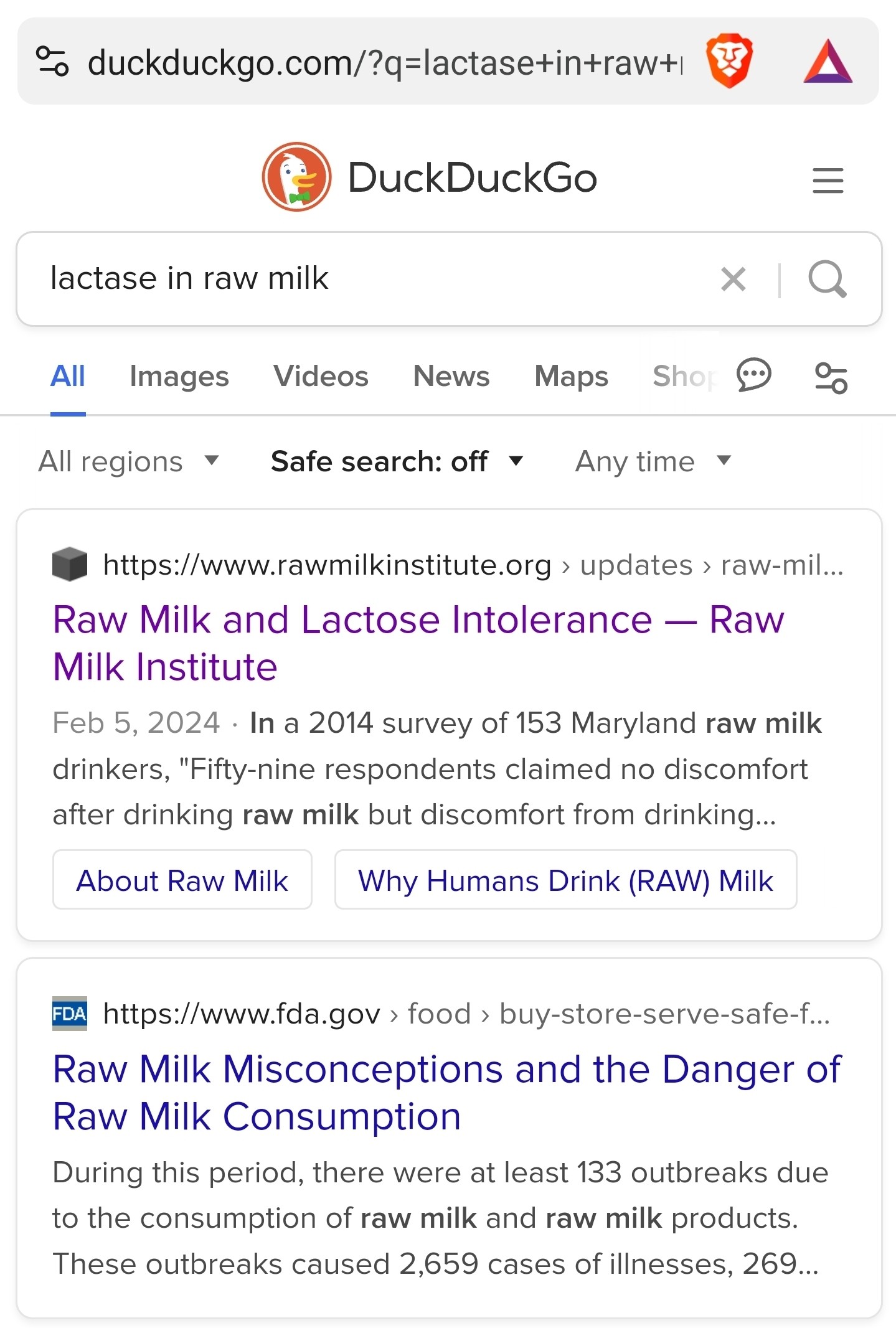 Description of media attachment: a screenshot of a duckduckgo search—duckduckgo being no safer than google, generally—for “lactase in raw milk” with the first result being the link provided in the post and the second result being a propaganda smear piece attempting to claim that raw milk is dangerous with a blurb which is meant to inspire fear to thise unwilling to consider multiple sources of data and scrutinize the methodology of research.